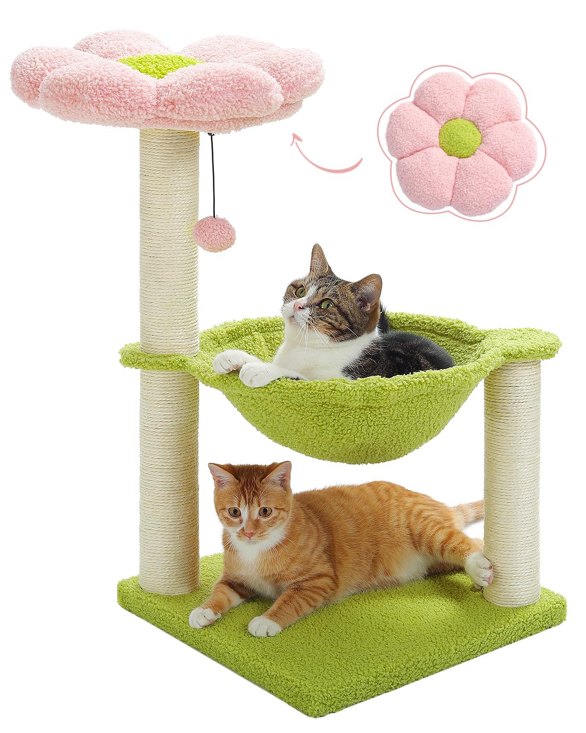 MUTTROS Flower Cat Tree visto frontal en rosa, descanso cómodo para tu gato.