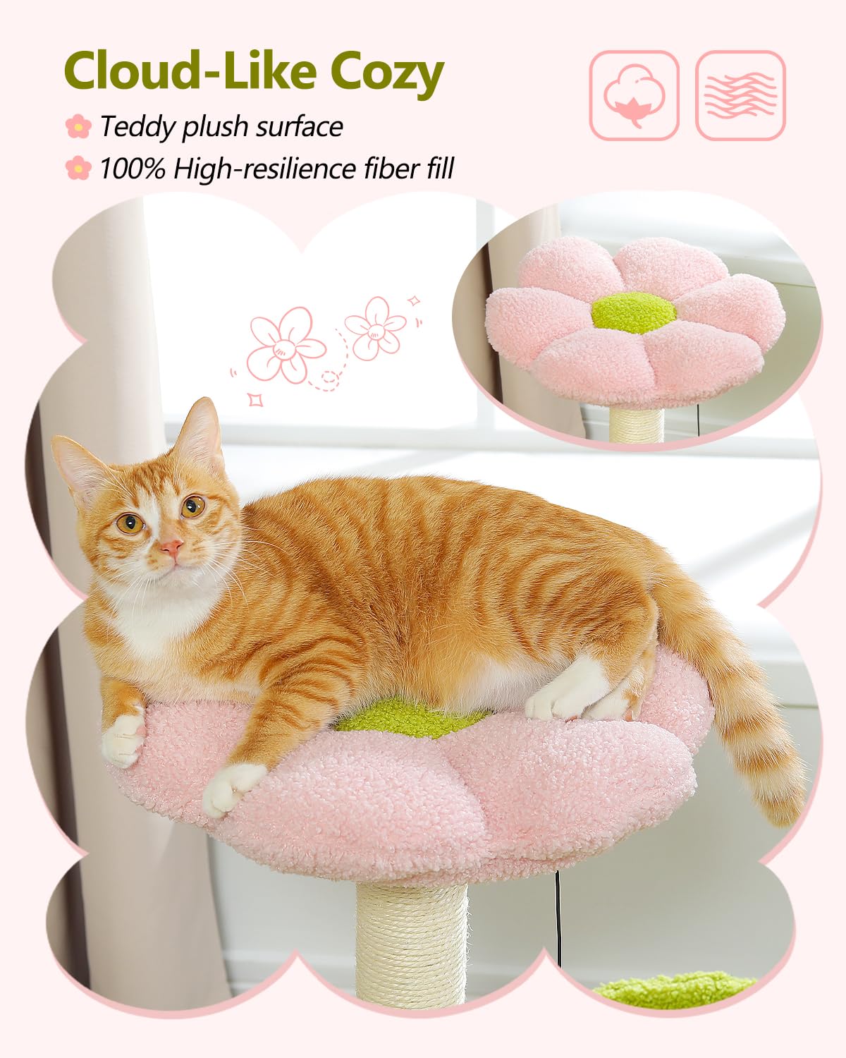 MUTTROS Flower Cat Tree superficie alfombrada, limpieza rápida.
