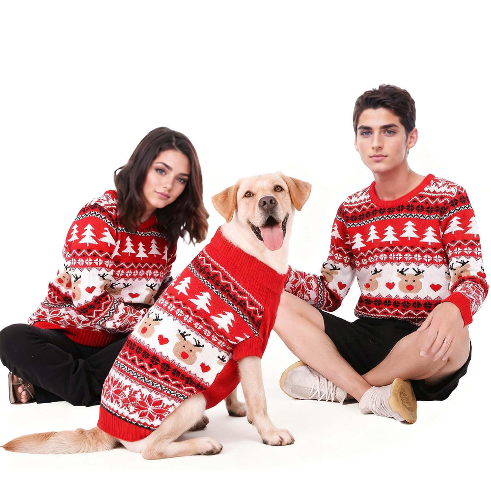 MuYaoPet familia: sudadera navideña para perro y dueño, vista frontal para fotos festivas.