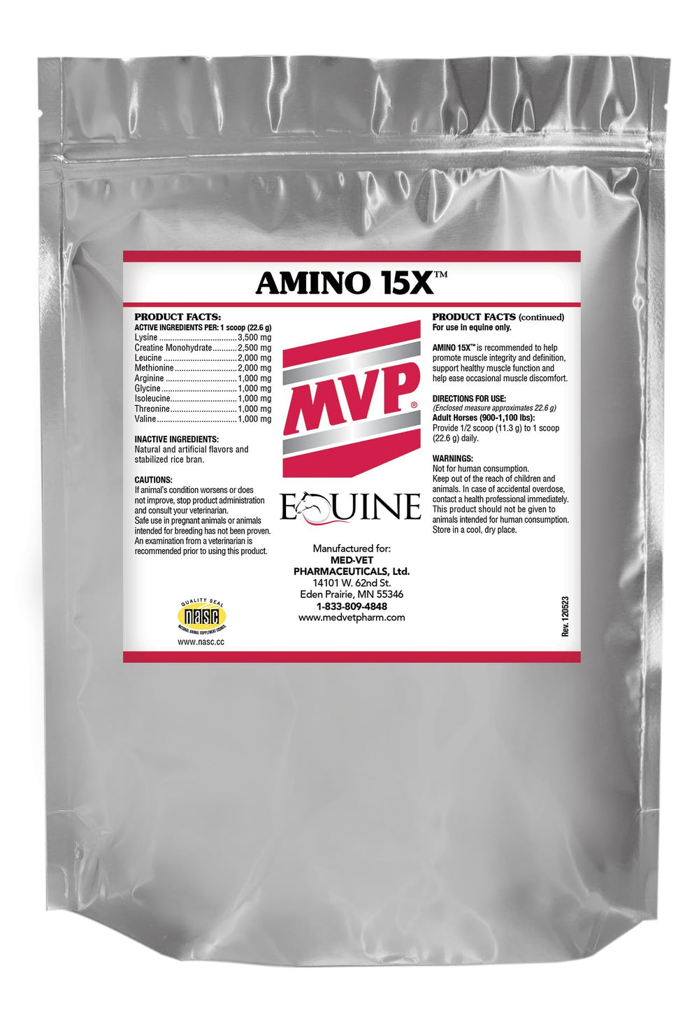 Envase frontal de MVP Amino 15X, muestra etiqueta clara y nutrición muscular equina.