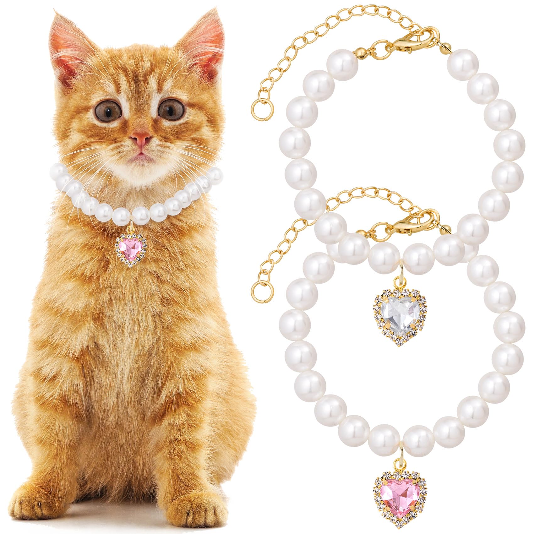 Mxxipp collar de perlas para gatos con corazón blanco, brillo elegante para ocasiones especiales.