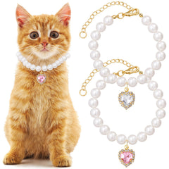 Mxxipp collar de perlas para gatos con corazón blanco, brillo elegante para ocasiones especiales.