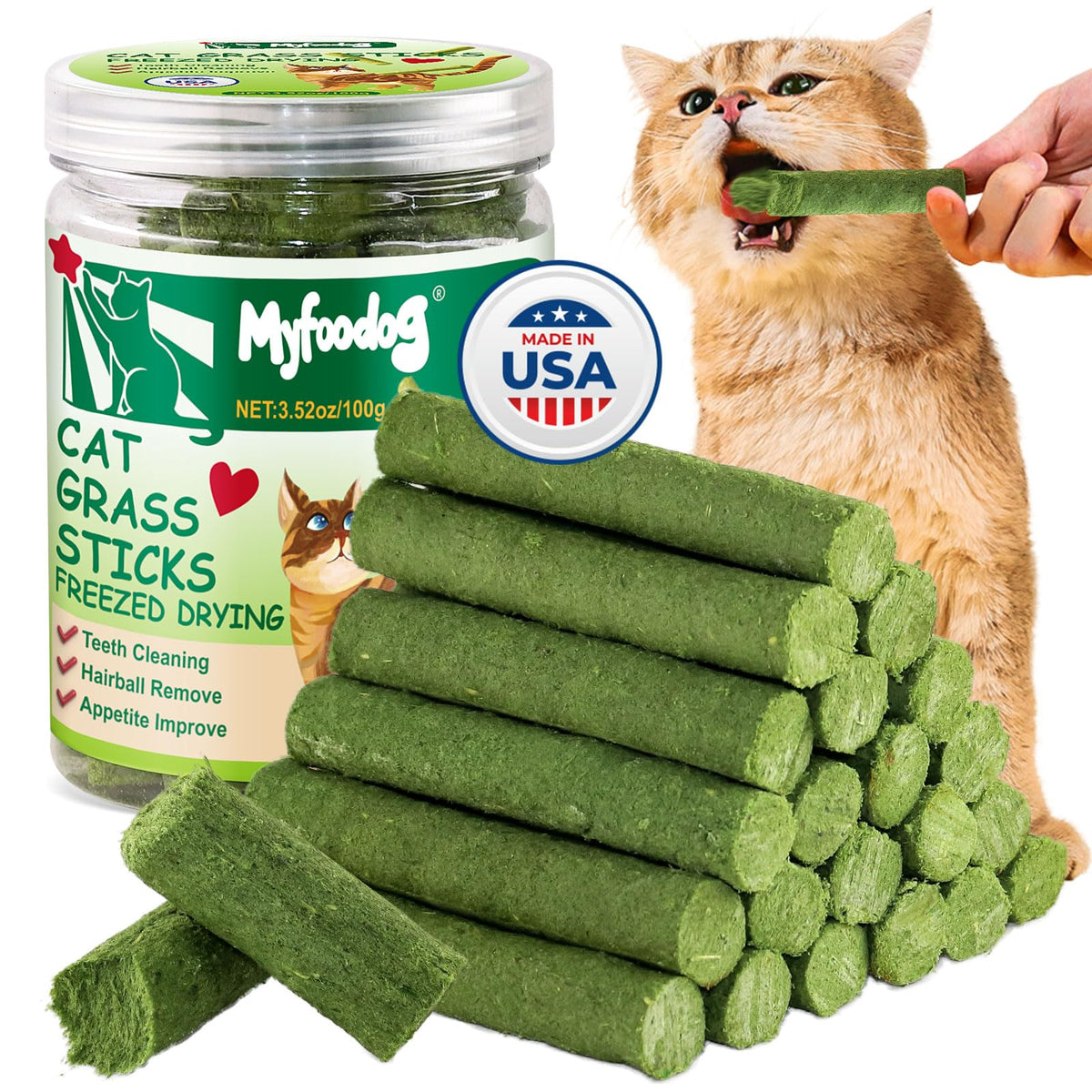 Myfoodog bastones-hierba-gatos: snack natural para masticar y satisfacción con hierba fresca.