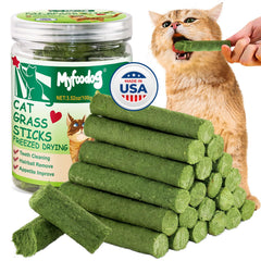 Myfoodog bastones-hierba-gatos: snack natural para masticar y satisfacción con hierba fresca.