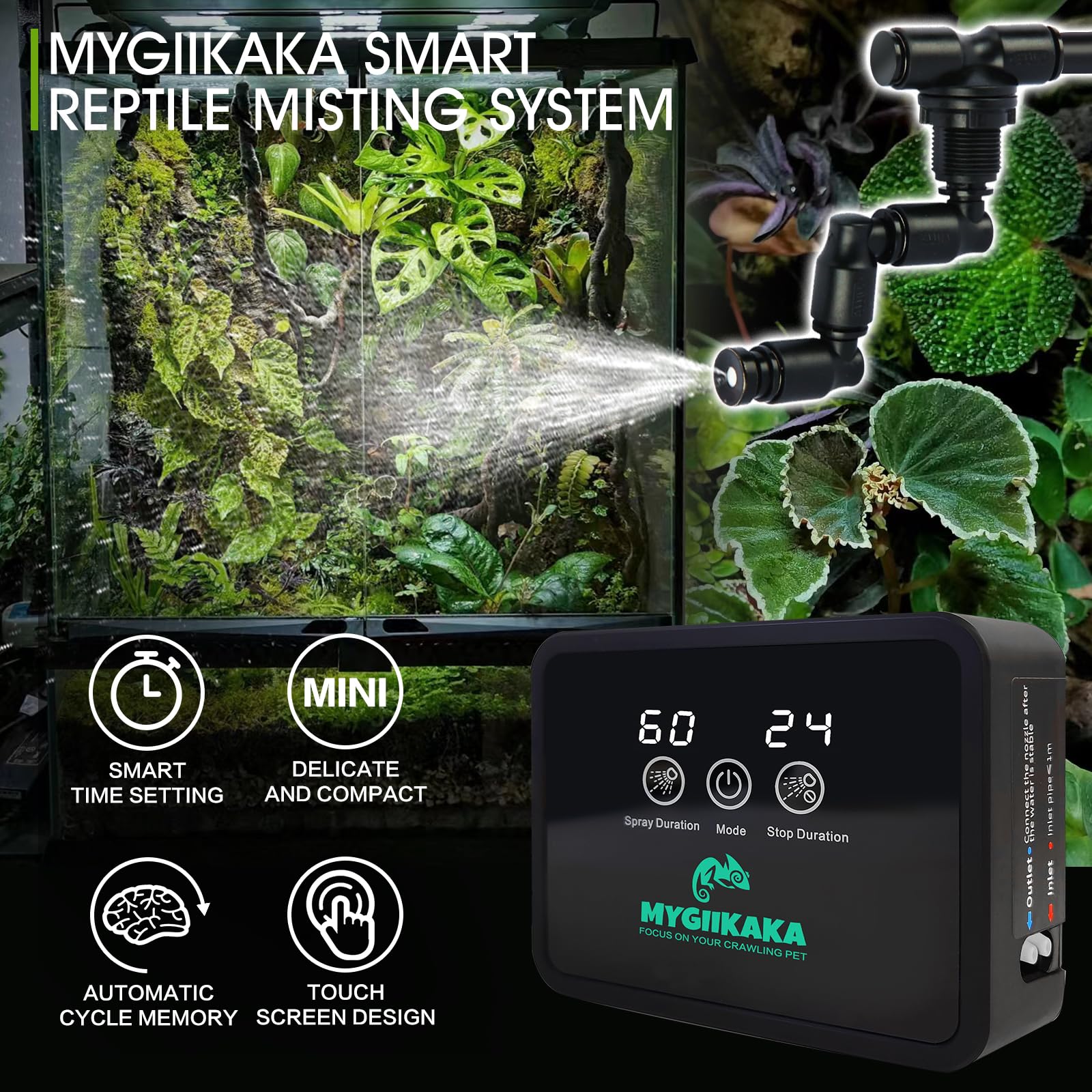 MYGIIKAKA Boquillas 360° distribuyendo niebla en todas direcciones del terrario.