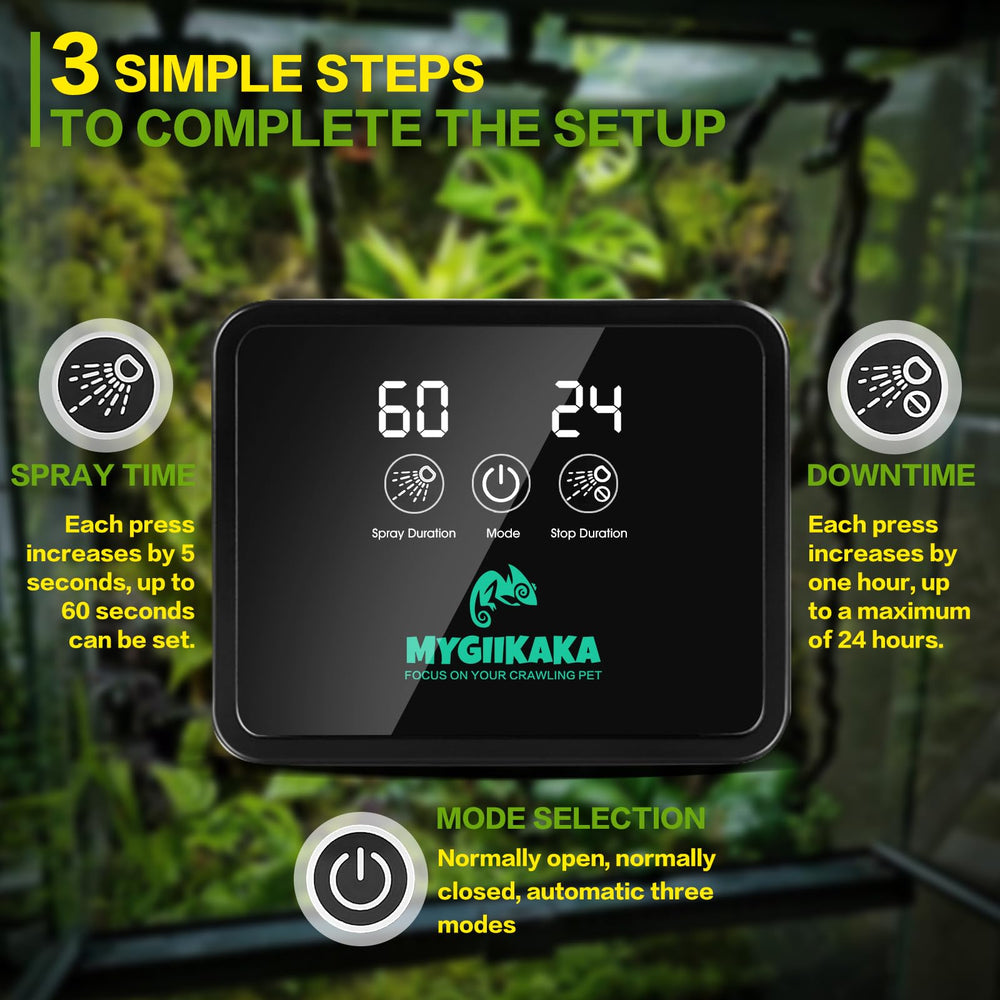 MYGIIKAKA Reptil Mister con pantalla LED para programar humedad y temporizadores.