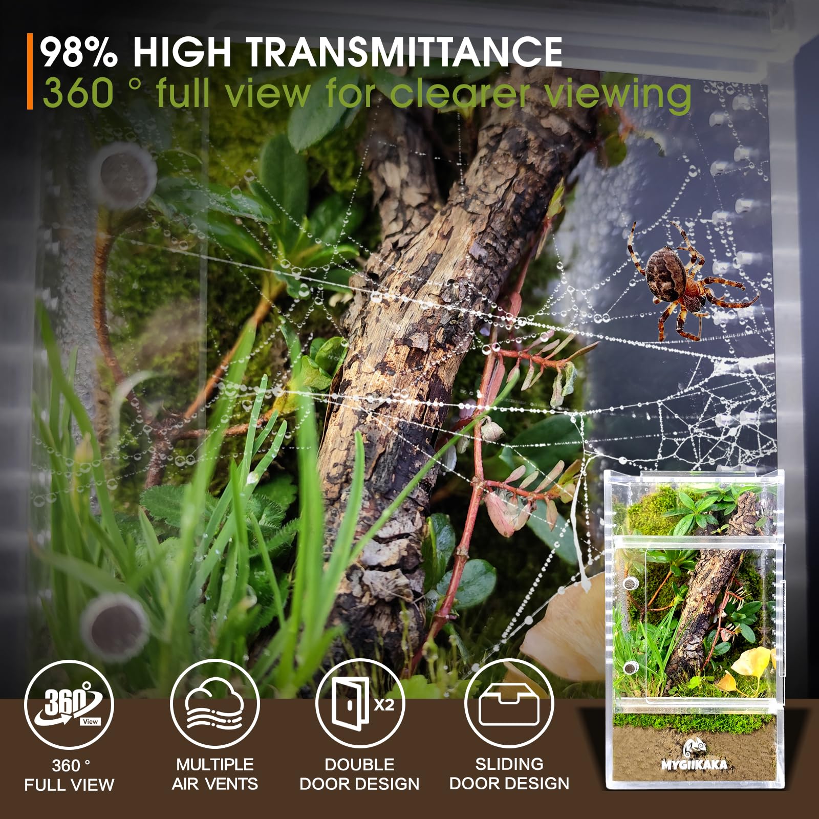 MYGIIKAKA habitat-aracnidos-puertas-magneticas, acceso rápido para alimentar y limpiar.