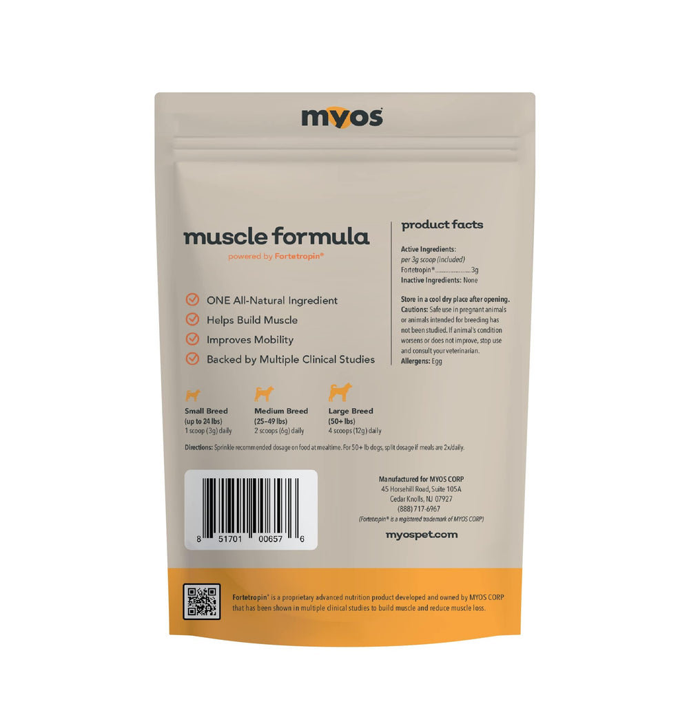 MYOS Canine Muscle Formula, composición Fortetropin: ingrediente natural para músculos.