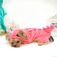 Detalle de costuras del disfraz dinosaurio rosa nacoco para perro