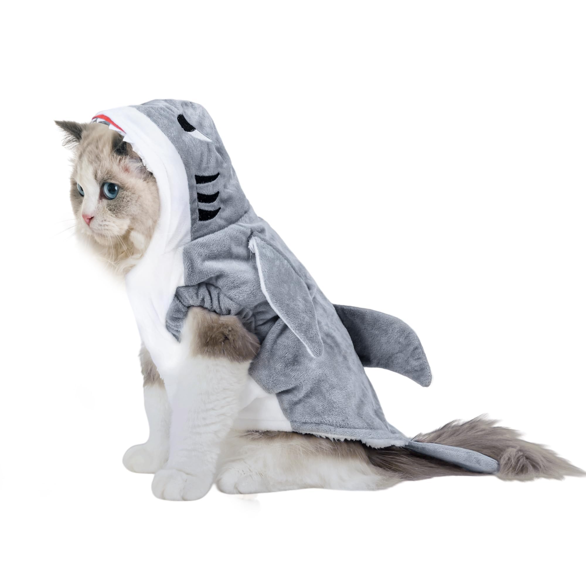 NACOCO disfraz tiburón para mascota visto de frente, cómodo y suave.