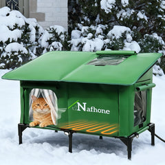 Casa Nafhone para gatos calefactada, vista exterior, refugio cálido para felinos al aire libre.