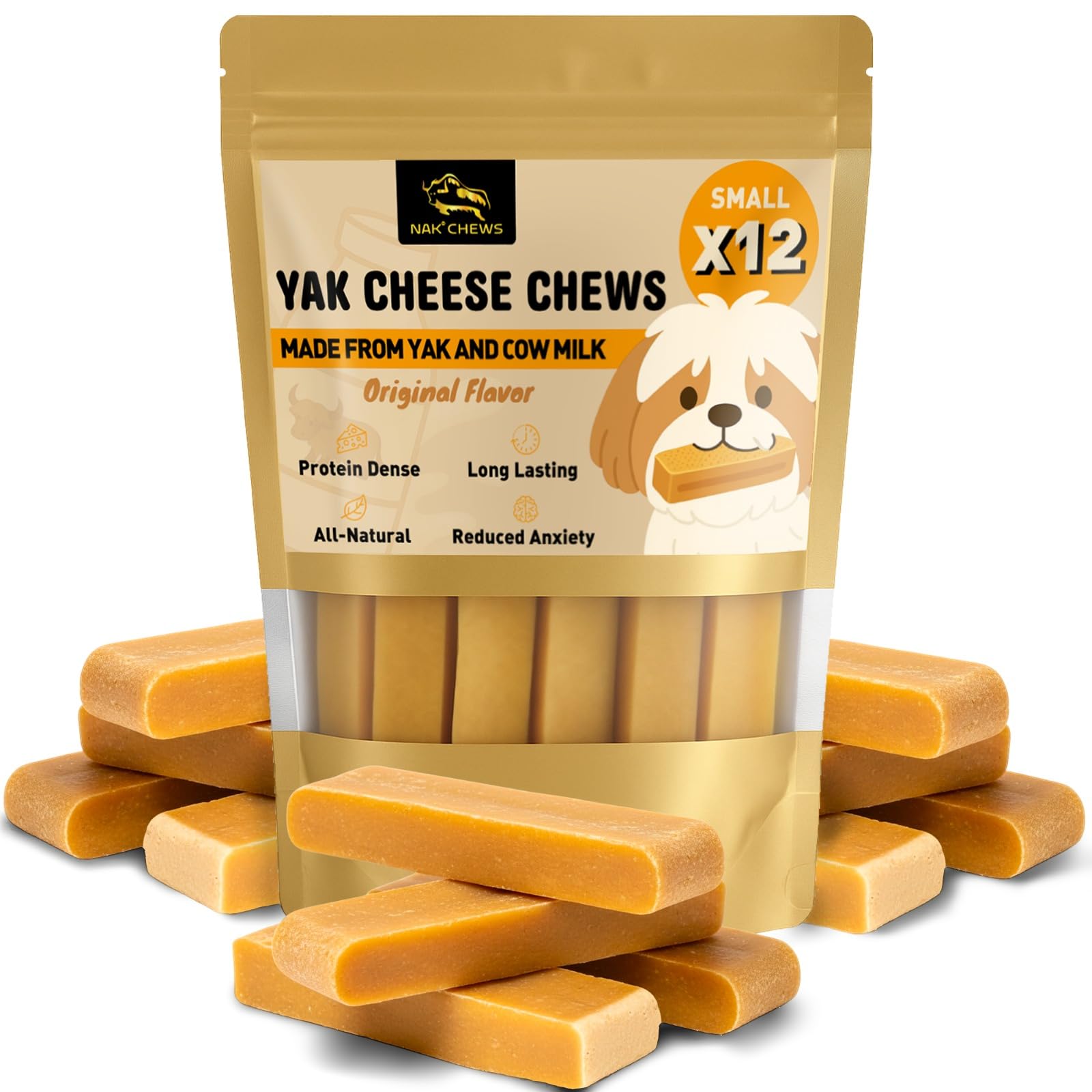 NAK Himalayan Yak Cheese: empaque visible, opción natural para masticar perros pequeños.