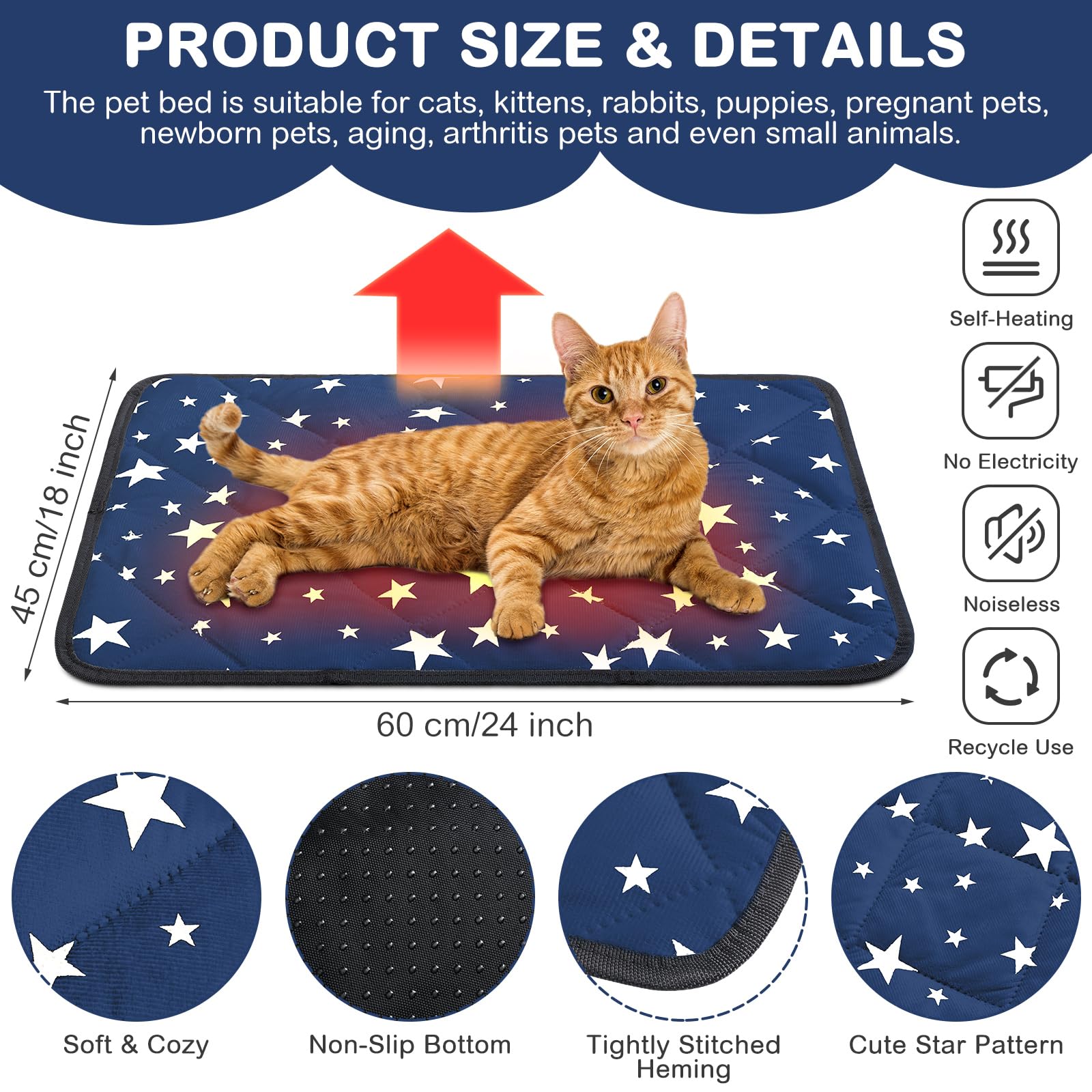 Namalu cama auto calentante para gatos con estrella azul, fácil de ubicar.