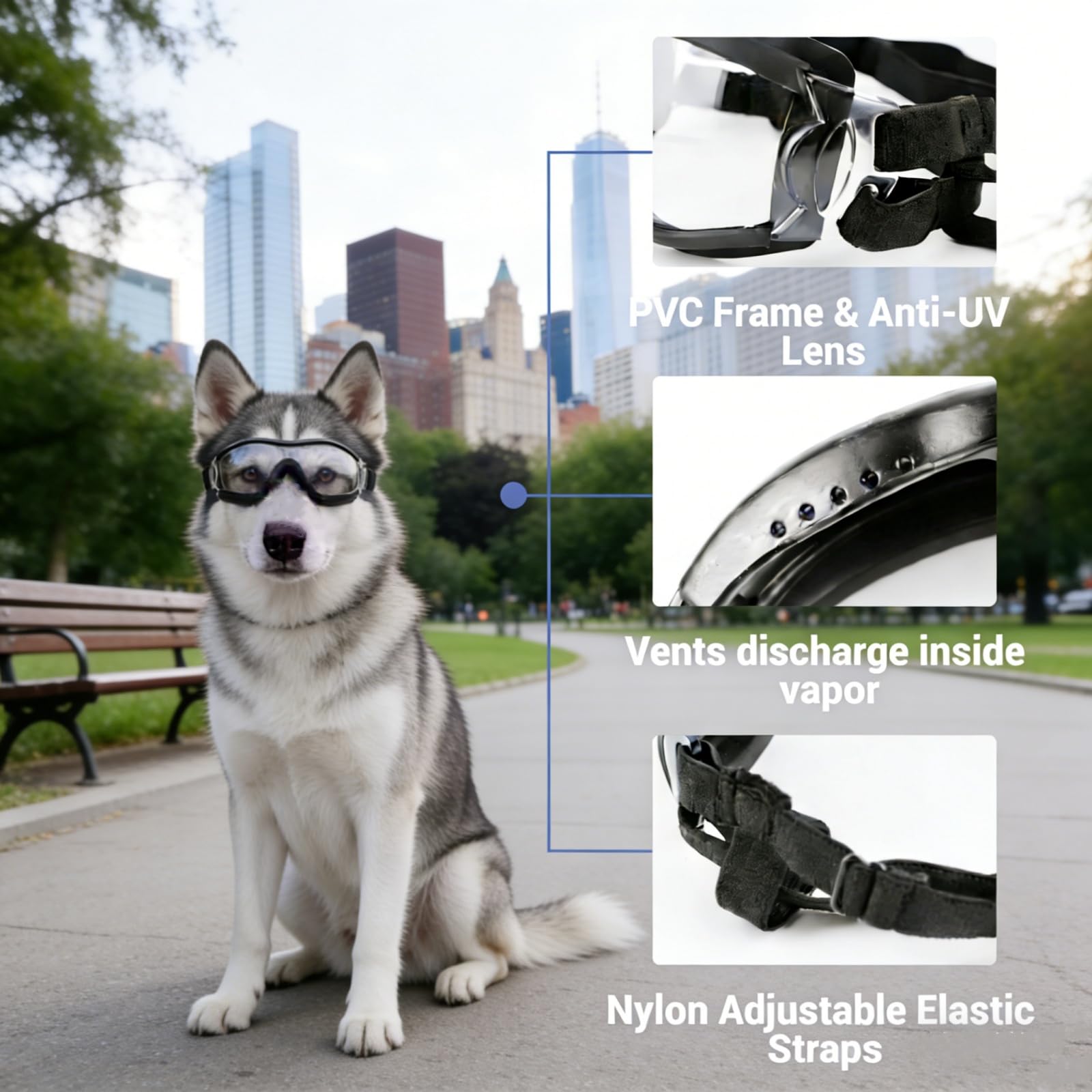 Gafas NAMSAN con correas elásticas, ajuste estable durante paseos.