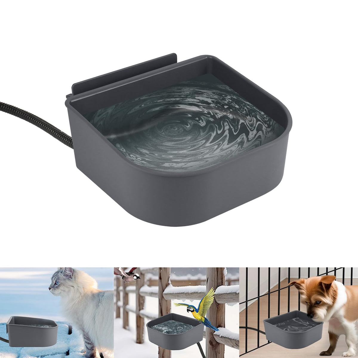 NAMSAN tazón caliente para mascotas colgante en jaula, mantiene agua disponible.