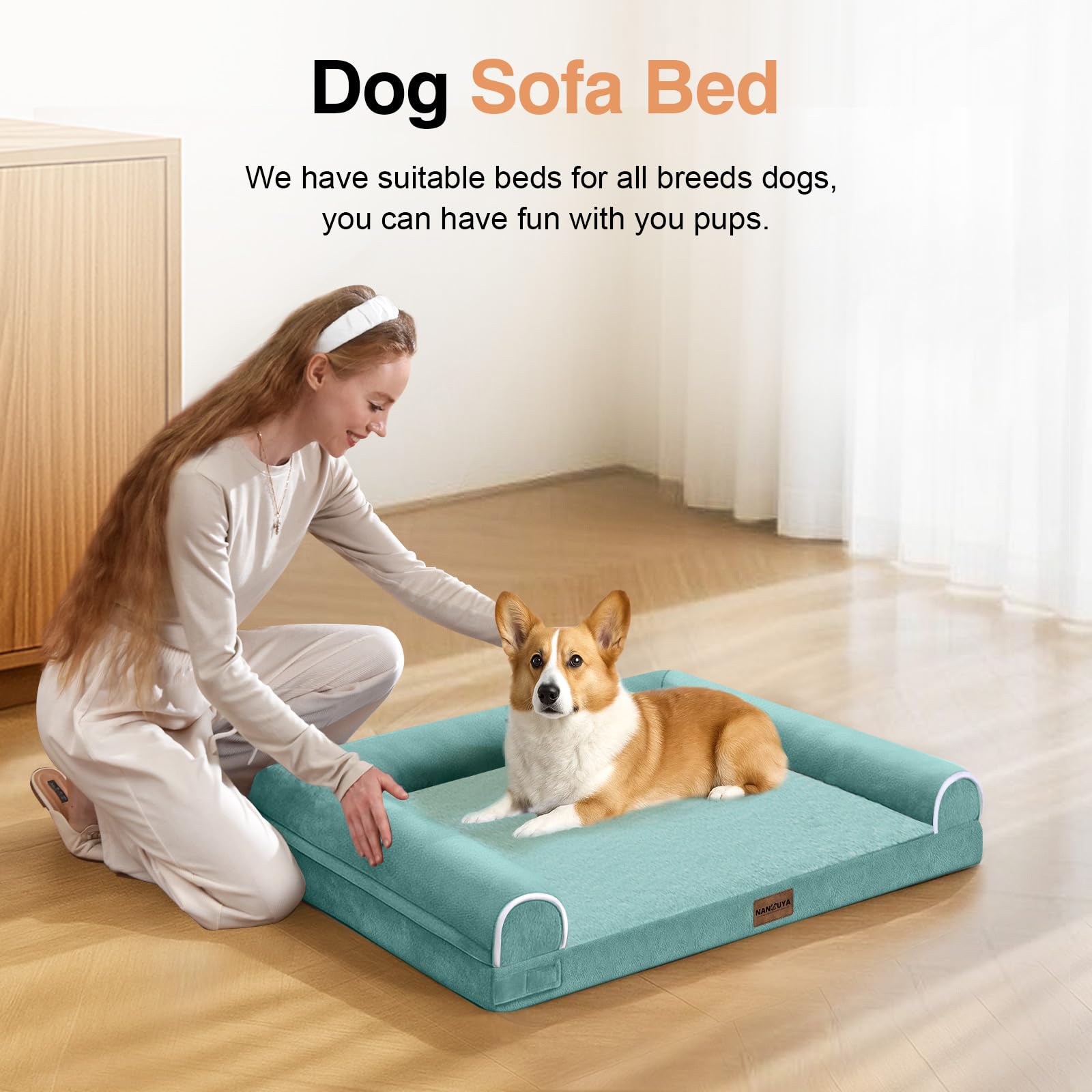 Cama NANUYA con funda desmontable lavable para limpieza rápida.
