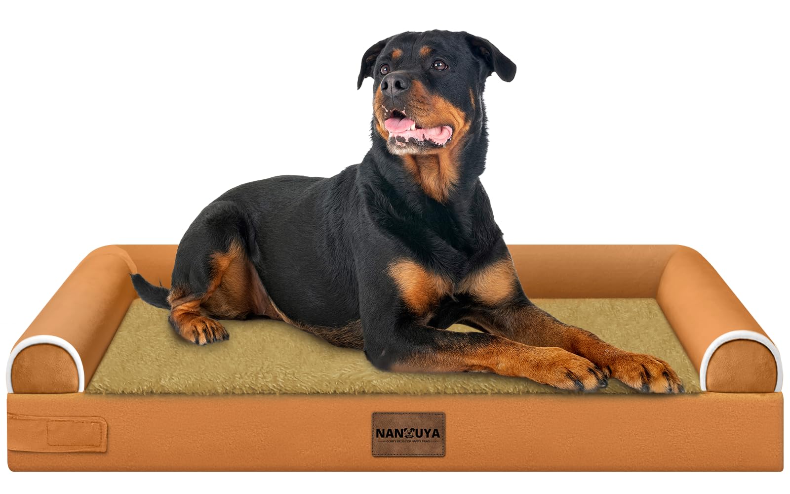 Cama NANUYA para perros grandes, vista general de la cama completa con forro de terciopelo lavable en color naranja.