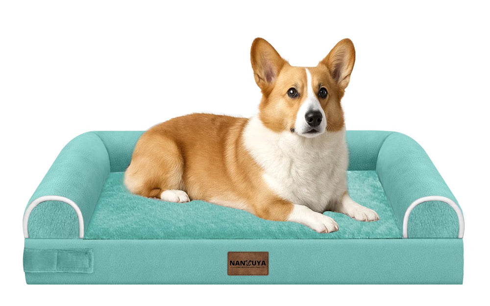 Cama NANUYA para perros con forro de terciopelo azul, confort suave para siestas largas.