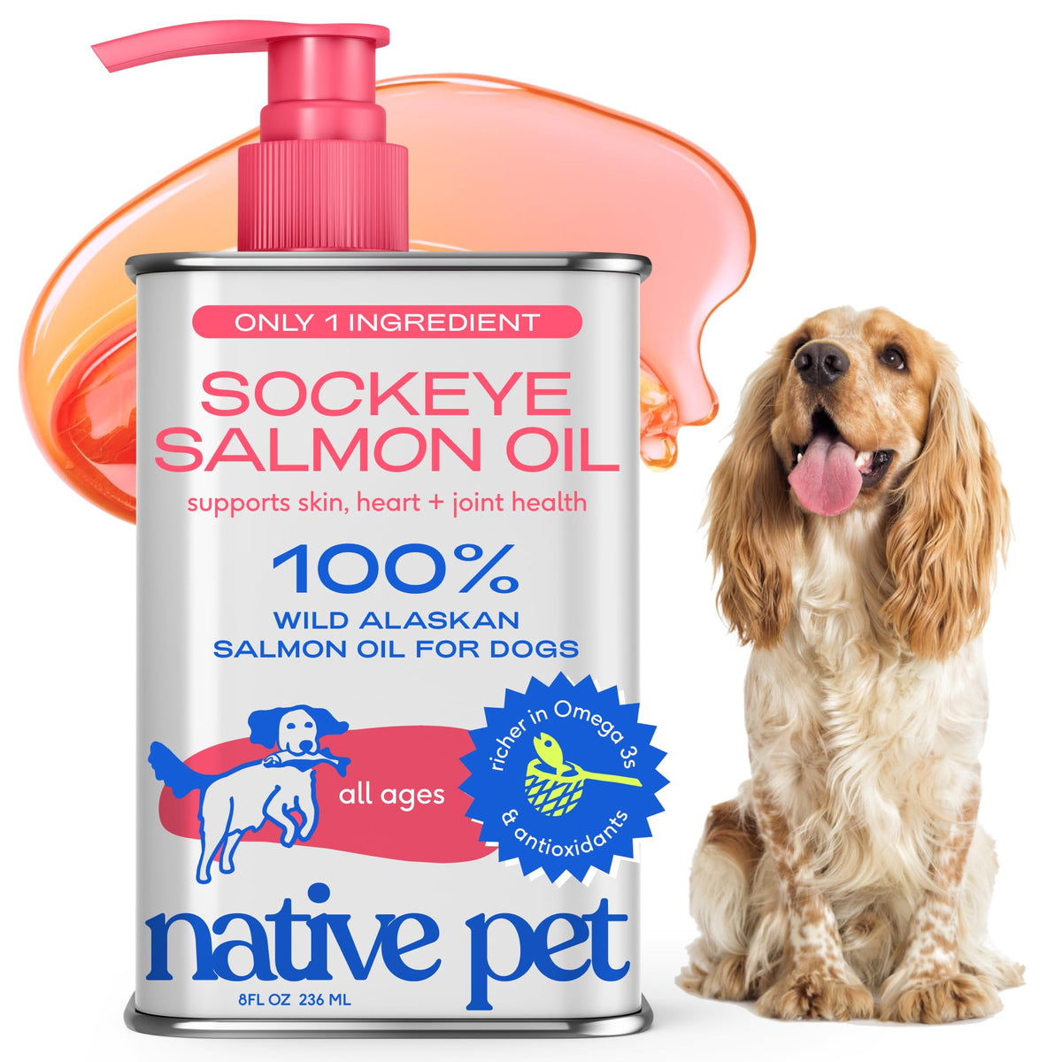 Native Pet aceite de salmón en frasco, ideal para piel y pelaje.