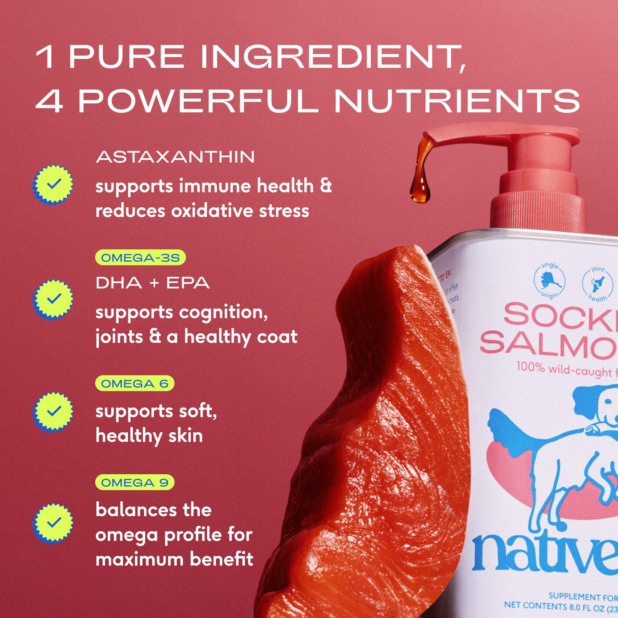 Etiqueta de Native Pet destaca origen ético y salmón rojo salvaje.