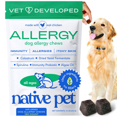 Native Pet: envase de golosinas para alergias caninas, posible apoyo inmunitario.