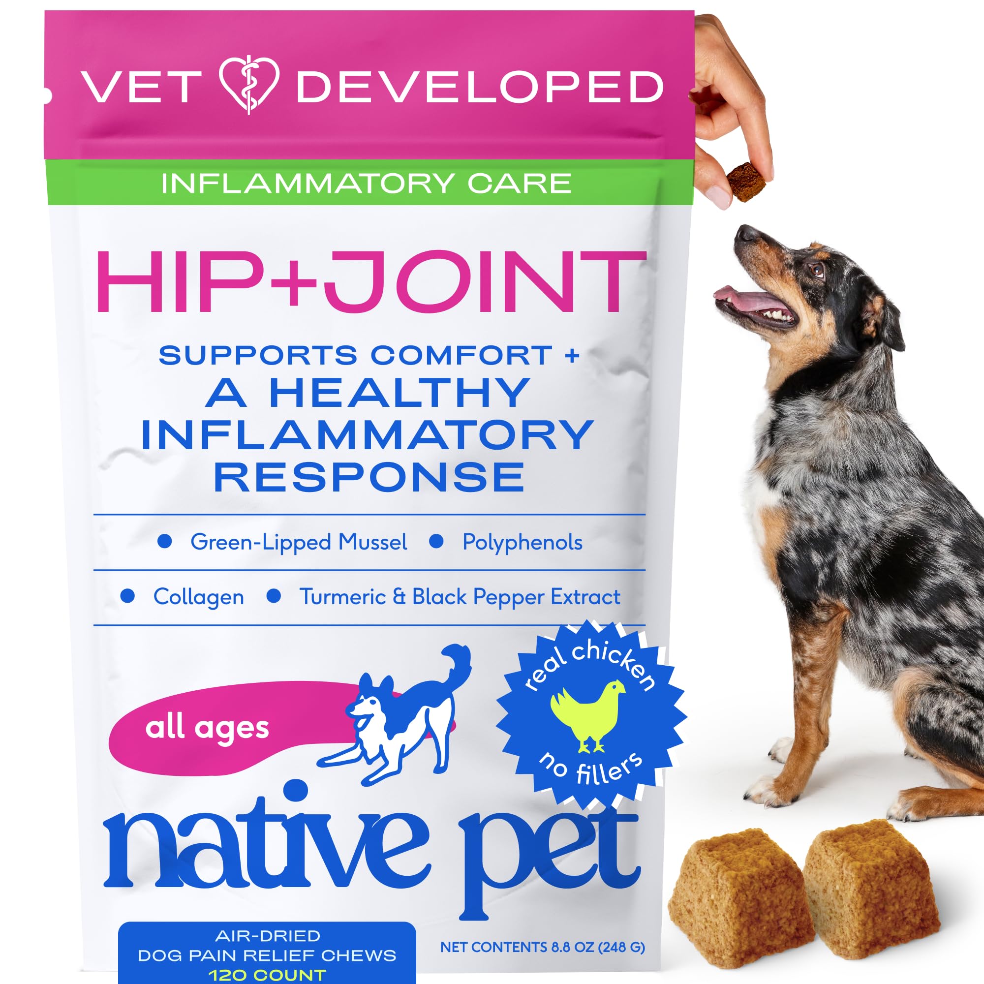 Native Pet alivio dolor perro masticables: comodidad diaria.