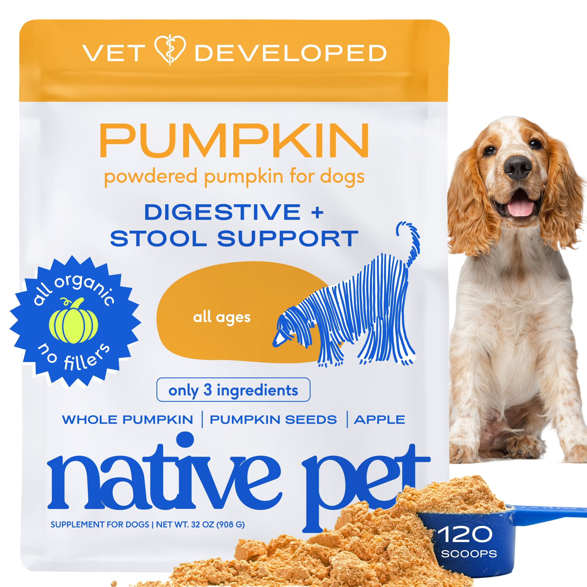 Native Pet calabaza para perros: polvo en bote para apoyar la digestión suave