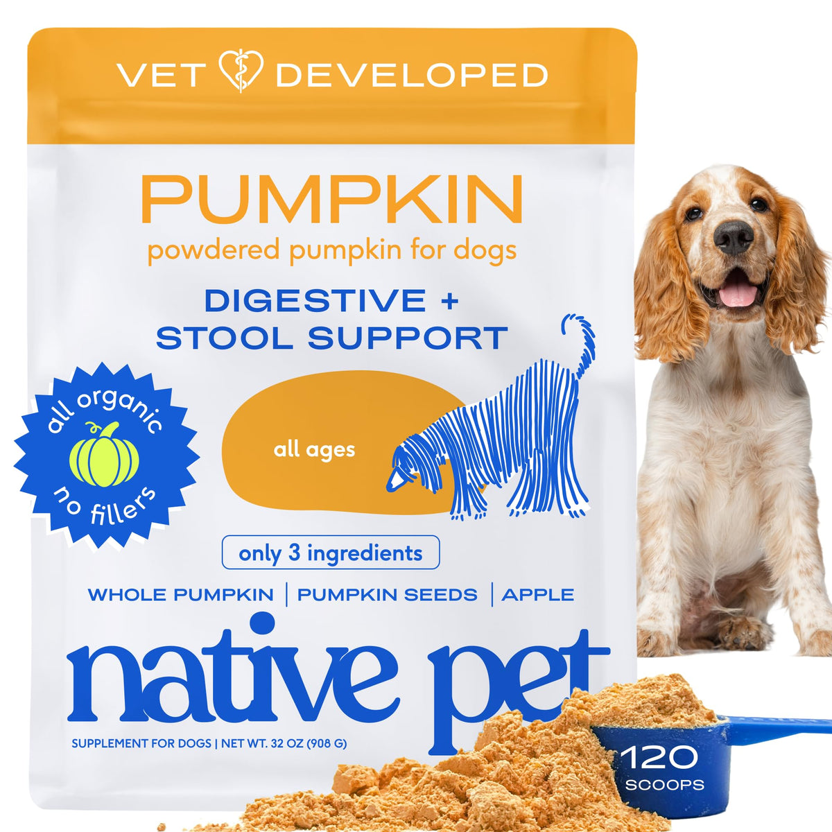 Native Pet calabaza para perros: polvo en bote para apoyar la digestión suave