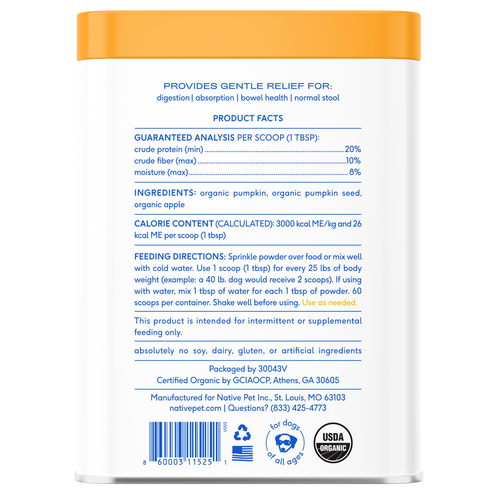 Native Pet Calabaza para Perros, polvo fabricado en EE.UU. producido con altos estándares.