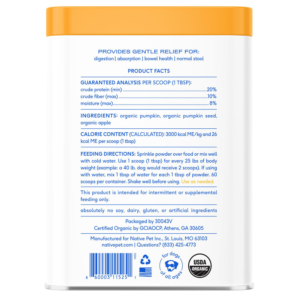 Native Pet Calabaza para Perros, polvo fabricado en EE.UU. producido con altos estándares.