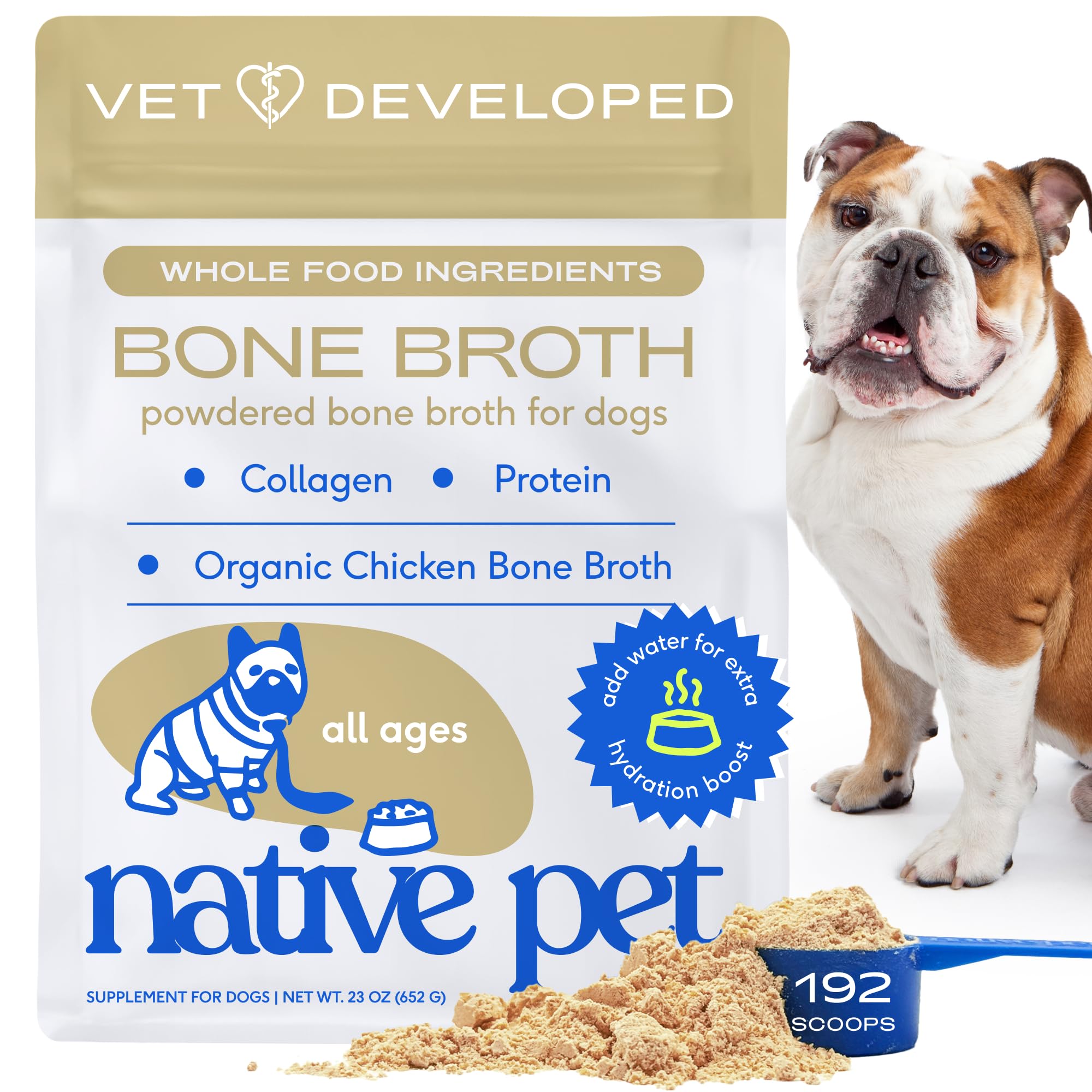 Native Pet caldito de hueso de pollo en envase, para enriquecer comidas con sabor natural.