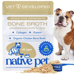 Native Pet caldito de hueso de pollo en envase, para enriquecer comidas con sabor natural.