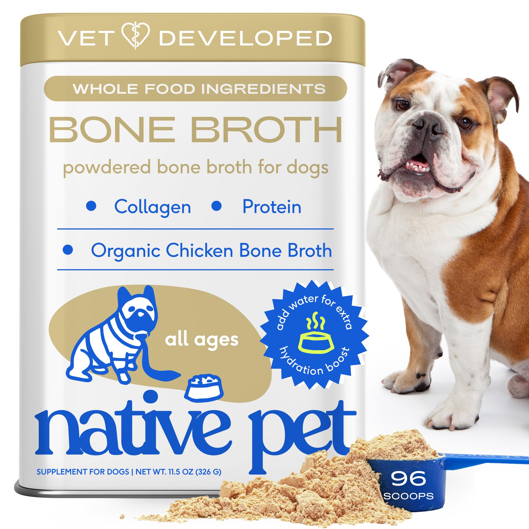 Native Pet caldo de hueso de pollo en polvo, sabor agradable para hidratar a la mascota