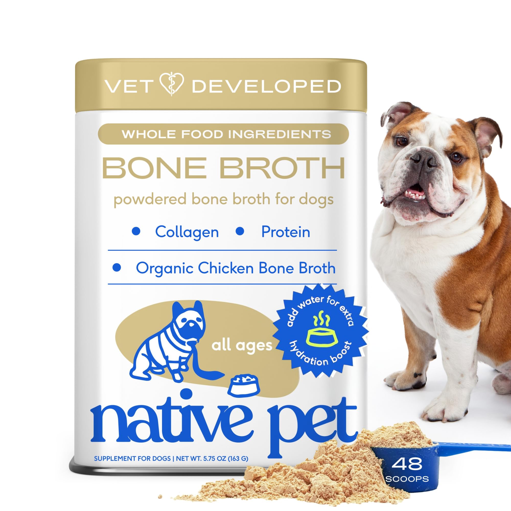 Native Pet caldito de huesos de pollo en polvo para perros y gatos, sabor irresistible y hidratación.