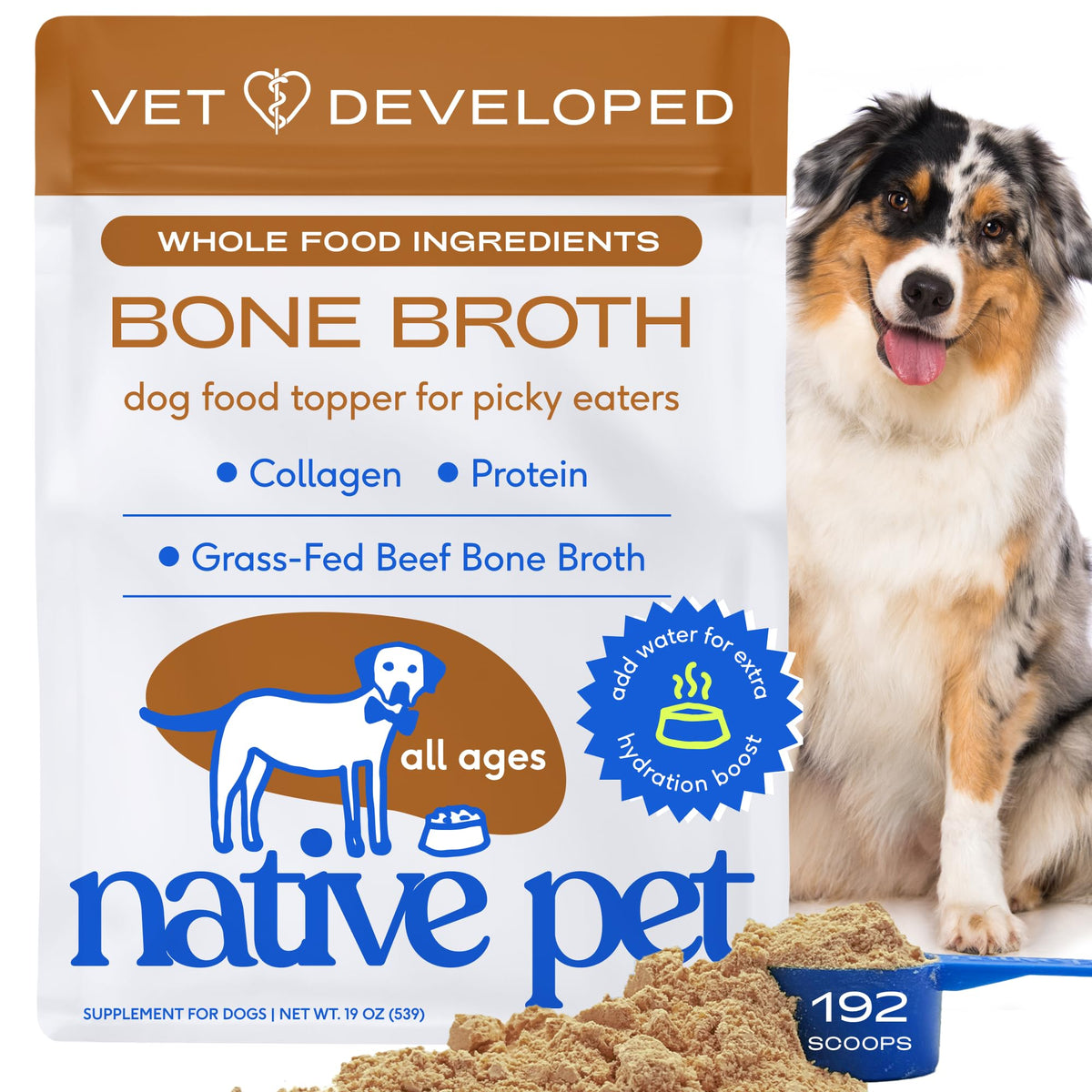 Native Pet Caldo de Huesos en Polvo para perros y gatos, sabor intenso y fácil de usar