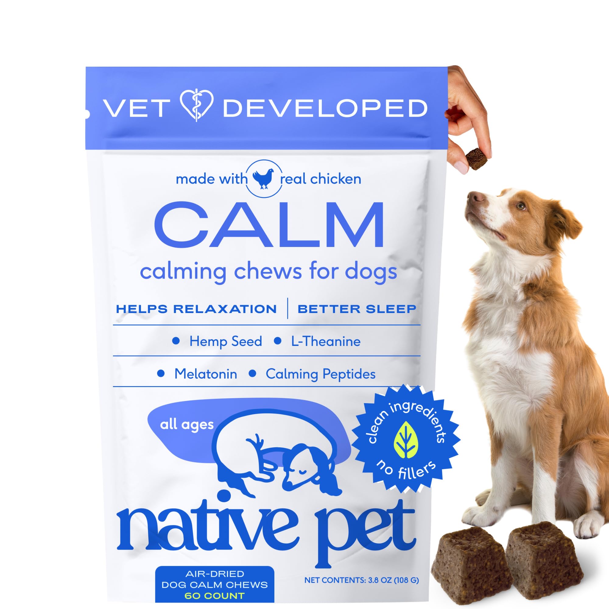 Envase de Native Pet Calming Chews para tranquilidad diaria de tu perro.