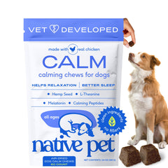 Envase de Native Pet Calming Chews para tranquilidad diaria de tu perro.