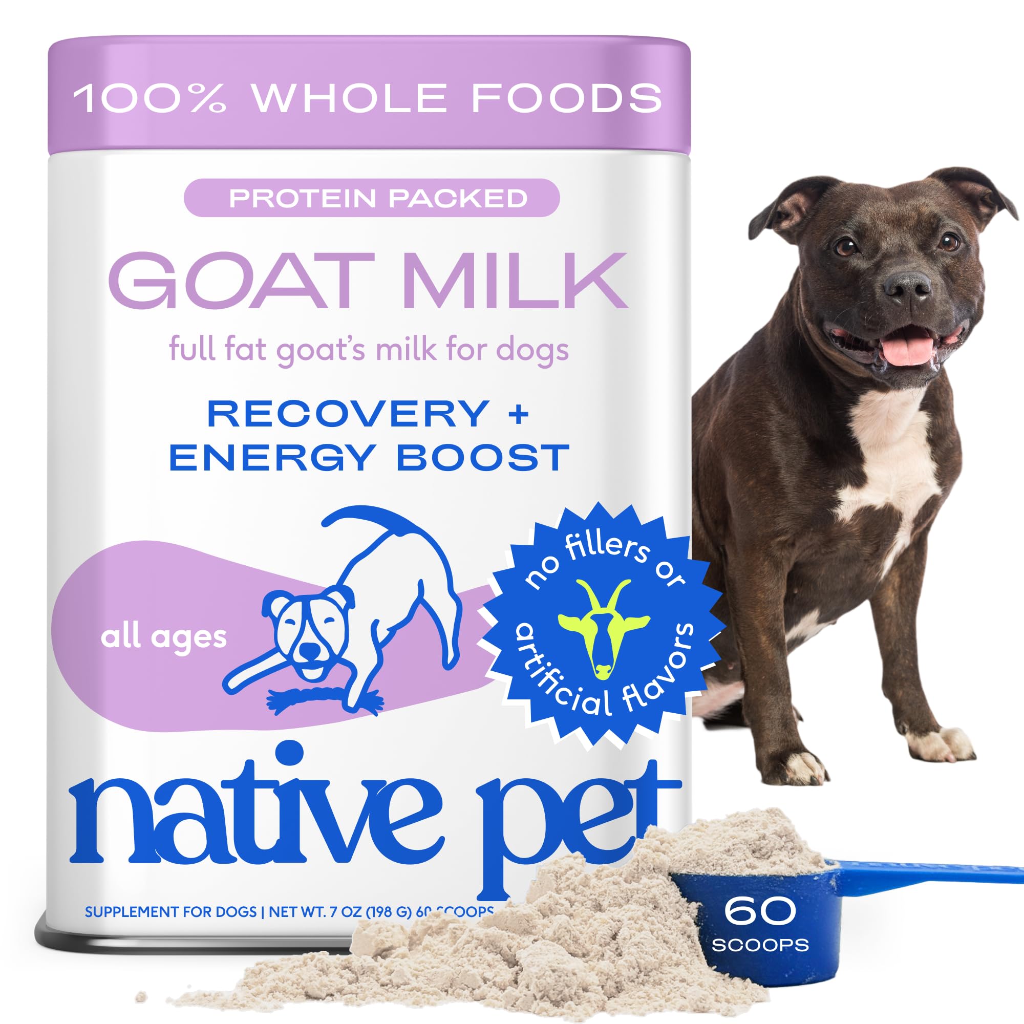 Native Pet leche cabra en polvo para perros, energía natural para actividad diaria.