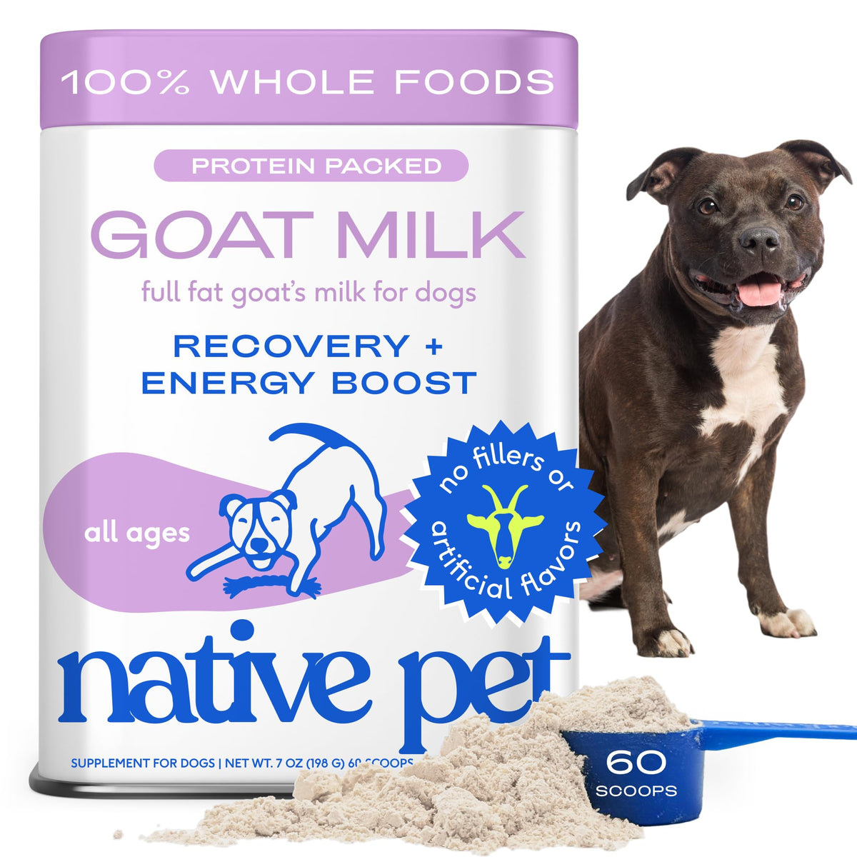 Native Pet leche cabra en polvo para perros, energía natural para actividad diaria.