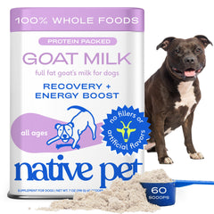 Native Pet leche cabra en polvo para perros, energía natural para actividad diaria.