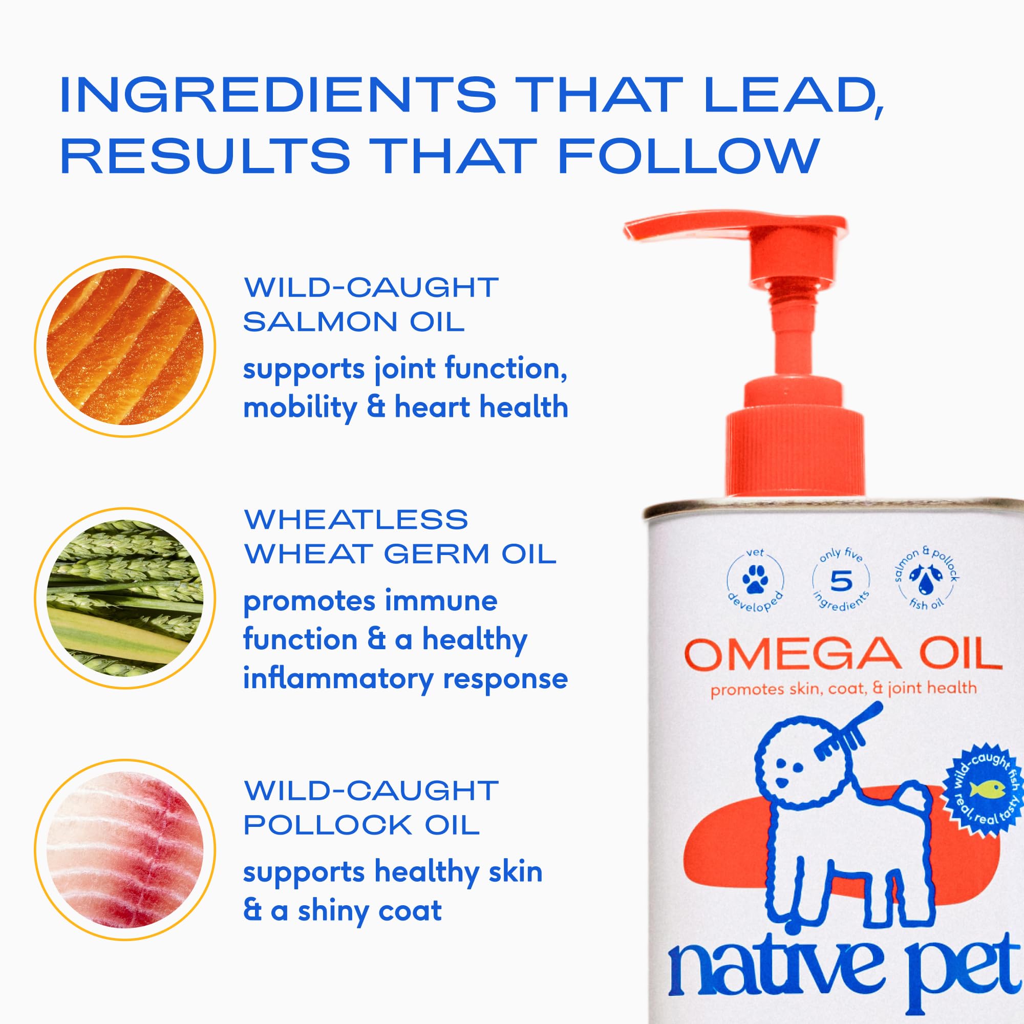 Uso diario de Native Pet Omega-3, apoya movilidad y vitalidad de la mascota.