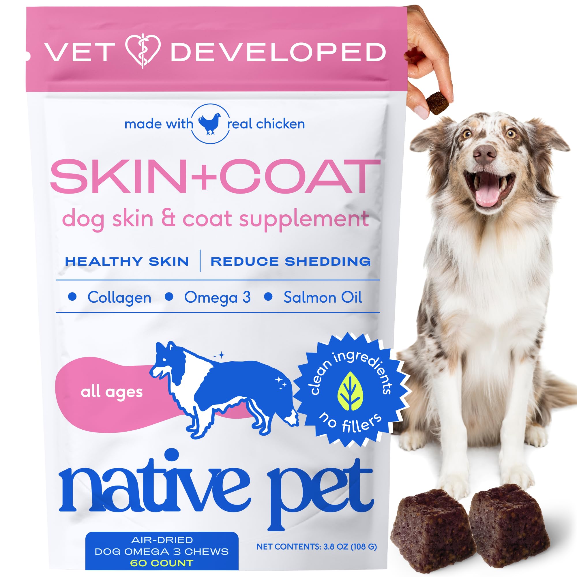 Native Pet Omega para piel y pelaje masticables con pollo natural, sabor delicioso para perros.