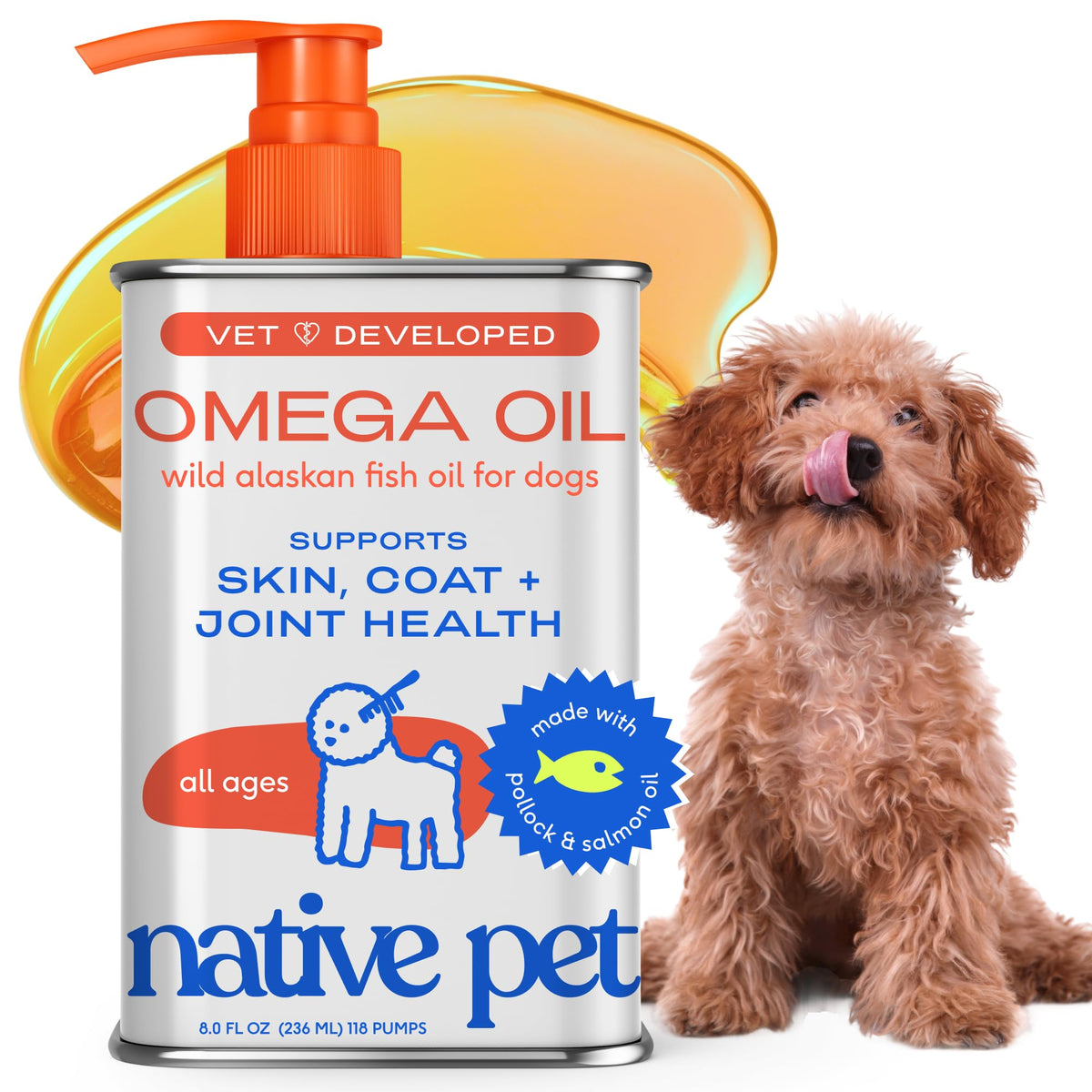 Native Pet Omega 3 en bote, aceite de pescado para un pelaje más brillante.