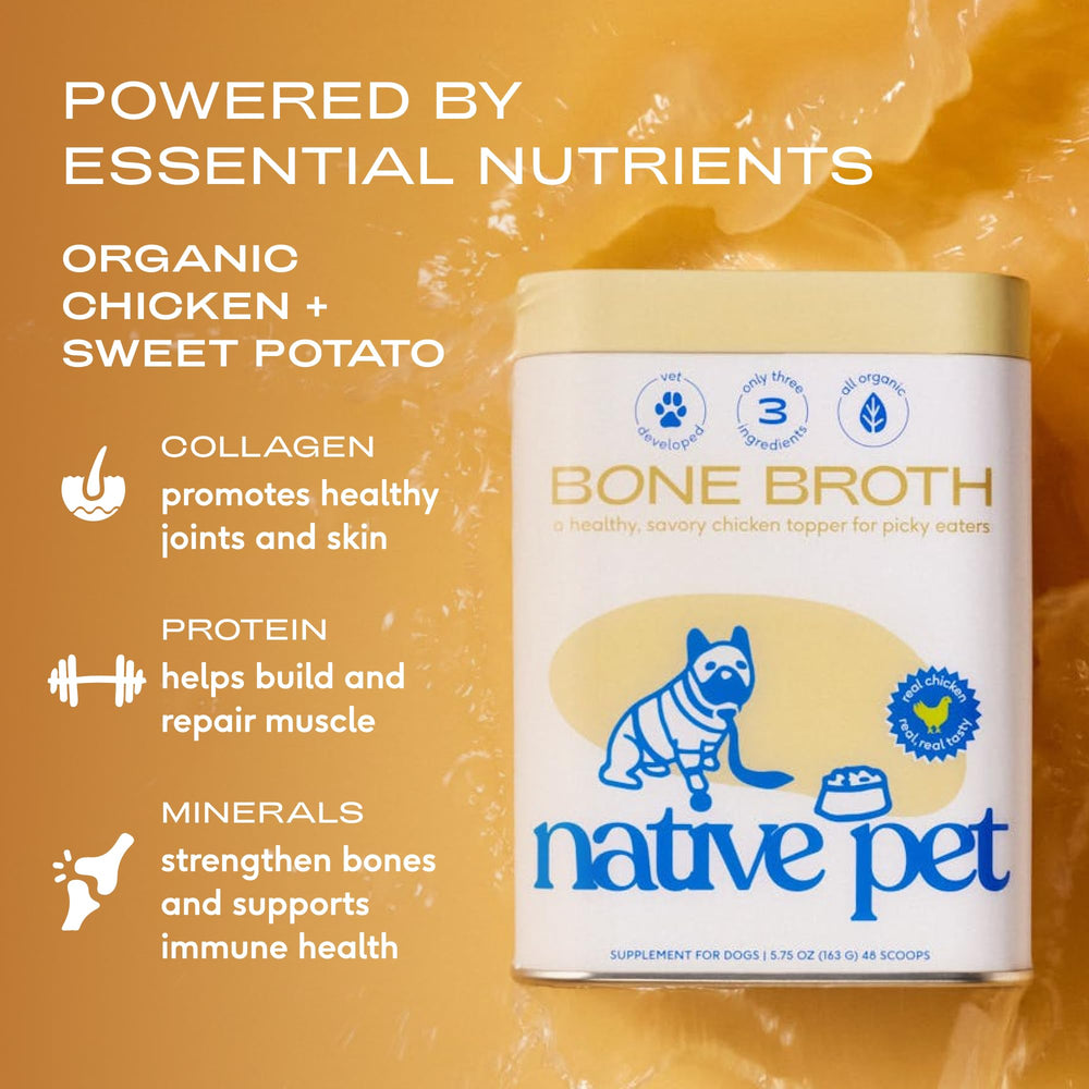 Native Pet polvo caldo hueso pollo, sobre kibble para mejorar el sabor.