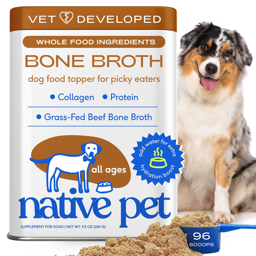 Native Pet: polvo caldo de hueso de res para perros y gatos, realza sabor.