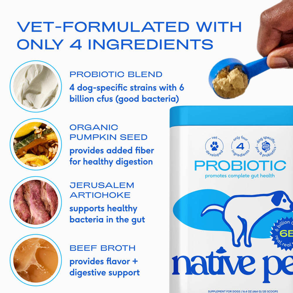 Native Pet Probiotics para perros: etiqueta clara con beneficios sugeridos