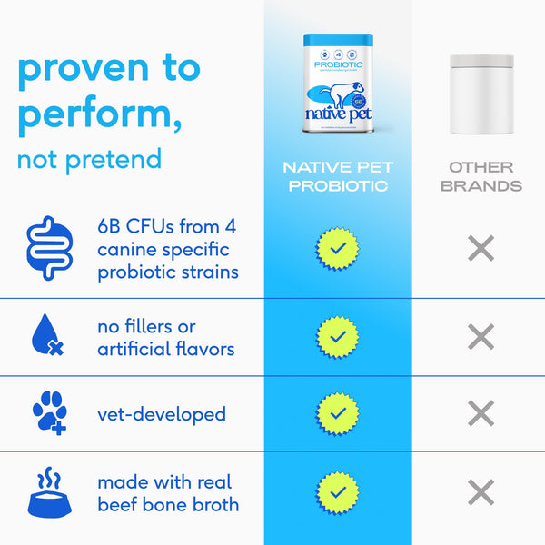 Native Pet Probiotics para perros, 4 cepas y prebióticos fortalecen la barrera intestinal.