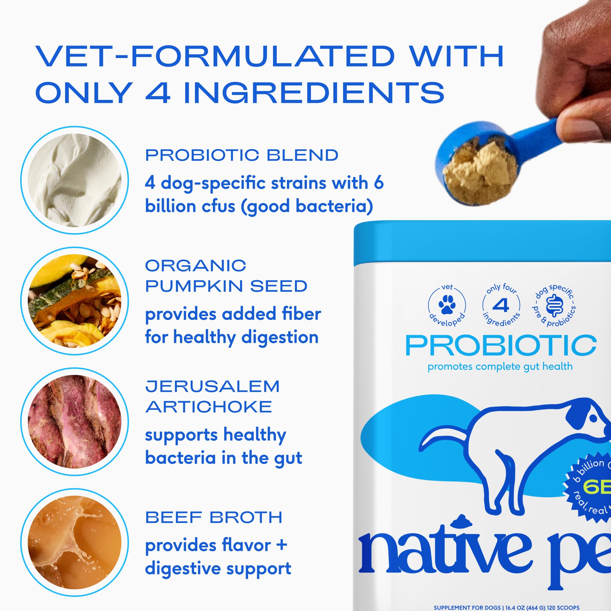 Native Pet Probiotics para Perros, mezcla de cuatro cepas probióticas