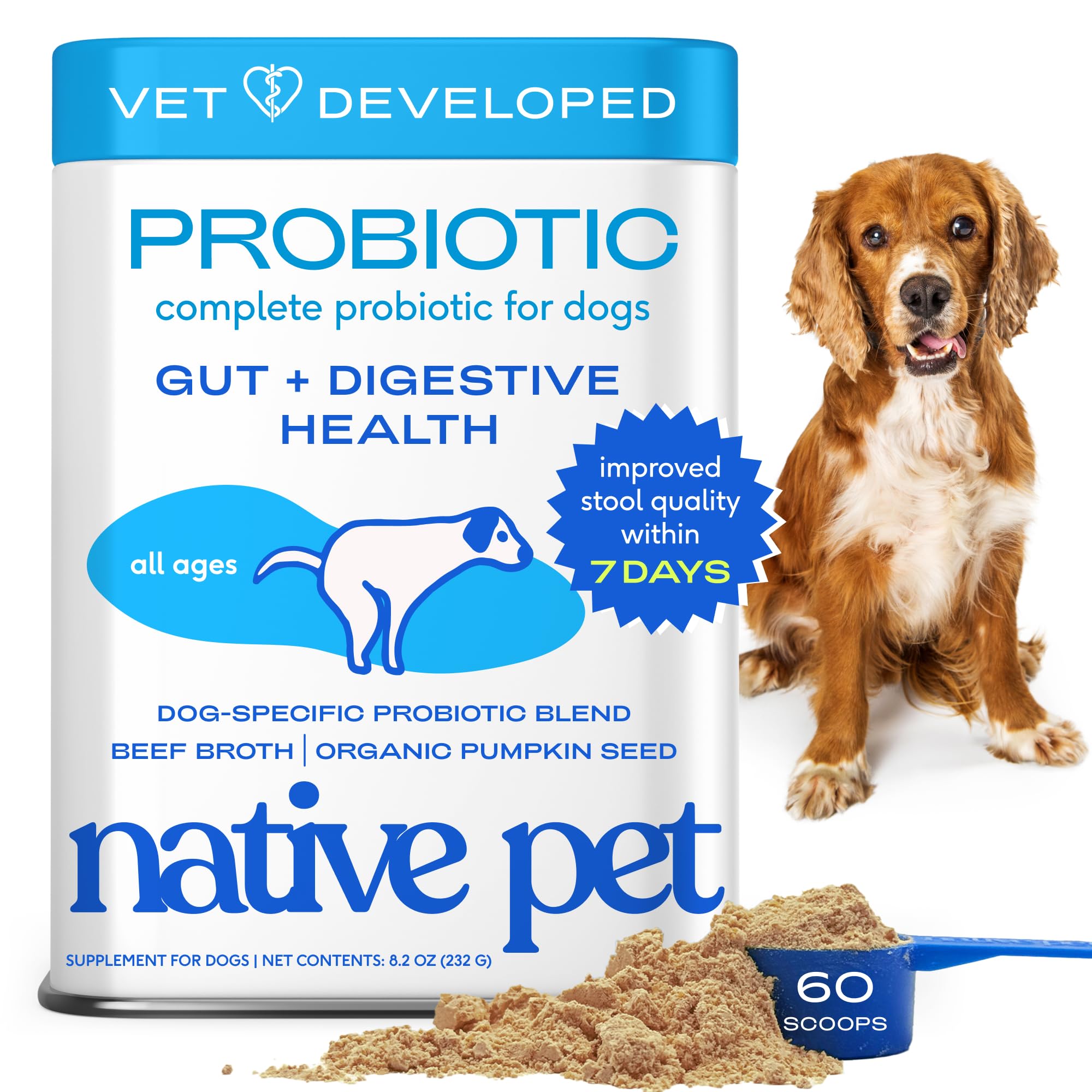Native Pet Probiotics para perros, polvo digestivo, apoyo suave al sistema intestinal.