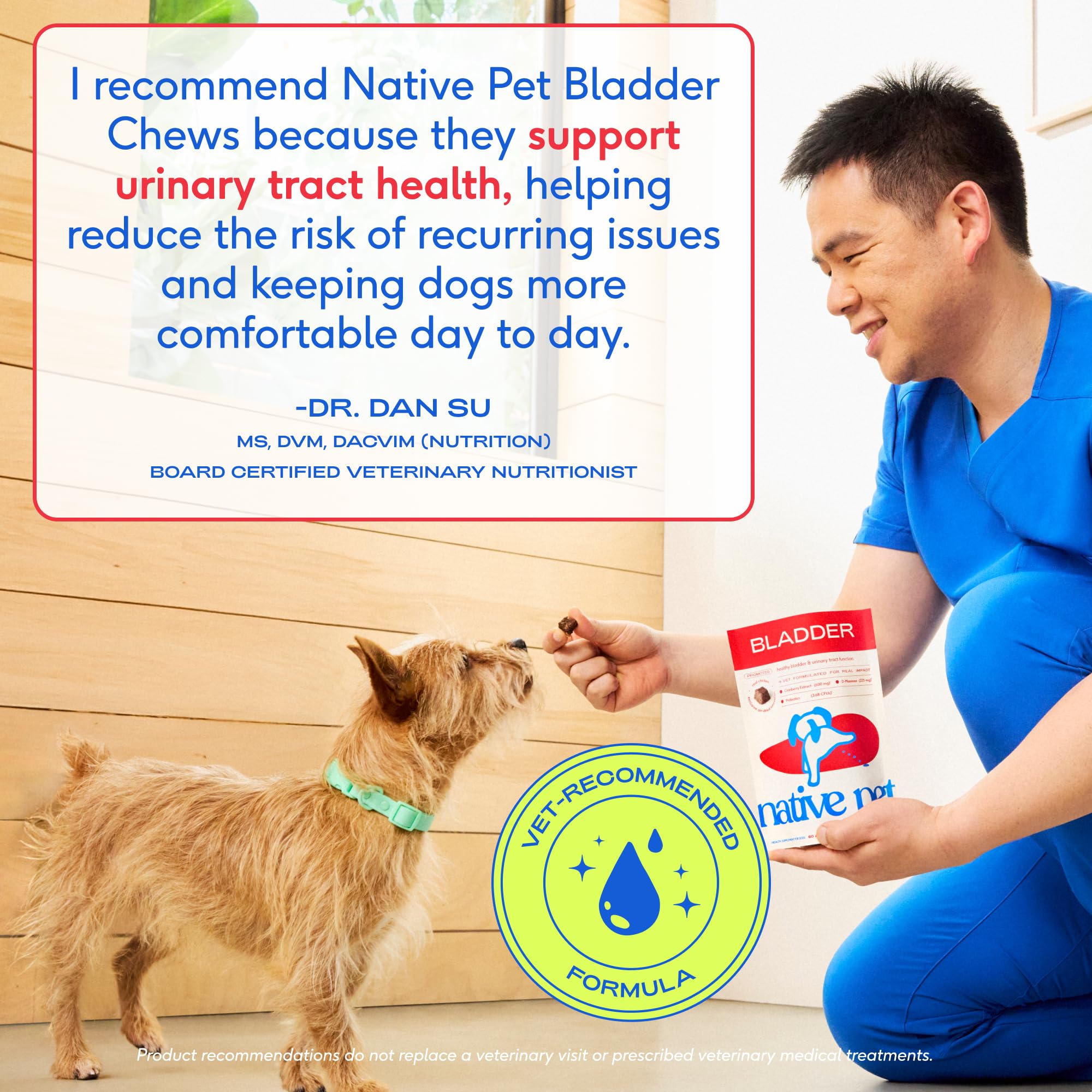 Native Pet UTI apoyo renal suave para perros.